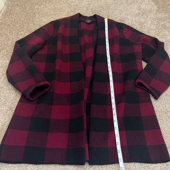 Talbots Pure Merino Wool Red Black Plaid Check Cardigan Sweater Petite Large - Picture 2 of 7